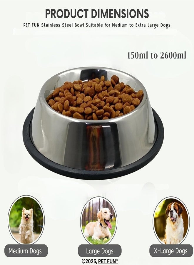 PET FUN® Pet Feeding Stainless Steel Bowl for Dogs, Cats & Any Pets - 150ml-2600ml, XS to Large I Non-Skid Rubber Bottom Food/Water Bowl I Non-Toxic & 100% Safe for Pets (1500ml)|Pack of2 - Image 2